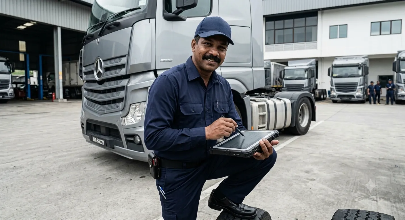 Professional vetted driver inspecting a commercial truck